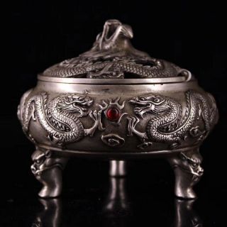 Collectable Handwork Miao Silver Carve Vivid Dragon Inlay Agate Incense Burners
