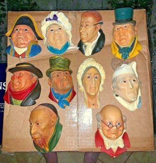 Set Of 10 Bossons Charles Dickens Series Heads Wall Masks Figures Chalkware