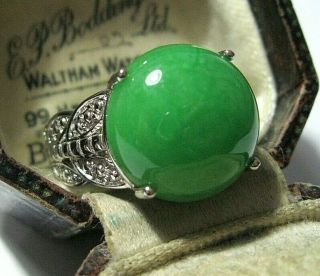 Large Gorgeous Sterling Silver Apple Green Jade Stone Statement Ring Size Q 8