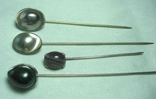 4 Sterling Silver Stick Pins Mother Of Pearl / Agate / Malachite