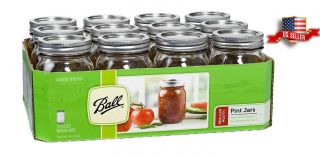 Ball Mason Jars Regular Mouth 16oz Pint Clear Glass With Lids 12 Set Canning Jam
