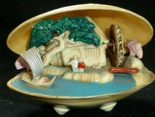 Great Vintage Japanese Celluloid Kokeshi Miniature World In Clam Shell,  1940s
