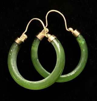 Vtg 14k Yellow Gold Jade Hoop Pierced Earrings 1 " A005