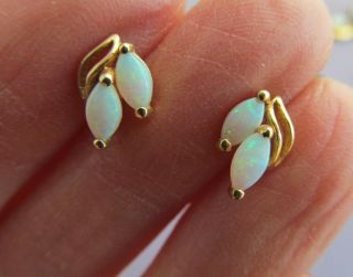 Vintage 14k Yellow Gold Marquise Opal Solitaire Stud Pierced Earrings.  25ct Each