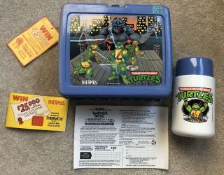 Tmnt Teenage Mutant Ninja Turtles 1990 Blue Plastic Lunchbox With Tags Thermos