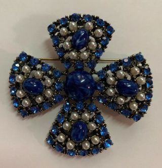 Vintage Signed Weiss Faux Pearl Lapis Blue Rhinestone Maltese Cross Brooch