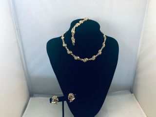 Crown Trifari Demi Clear Rhinestone & Gold Tone Necklace,  Earrings,  & Bracelet