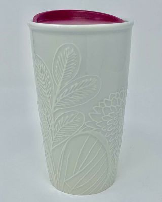 Fall 2019 Starbucks Embossed Floral White Ceramic Tumbler Cup Magenta Lid