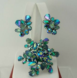 Vintage Juliana Blue Green Molded Glass Rhinestone Flower Pin Brooch Earring Set