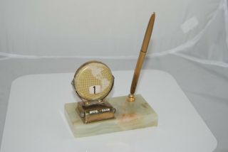 Vintage Marble Base Pen Stand With Pen Holder And Calendar