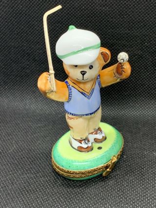 Charming La Vie En Rose Peint Main Limoges France Trinket Box Teddy Bear Golf