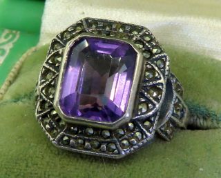 Vintage Silver Judith Jack Art Deco Style Emerald Cut Amethyst Marcasite Ring