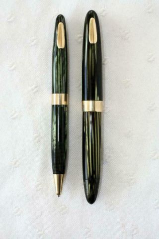 Restored Sheaffer Green Striated Tuckaway Fountain Pen 14k 33 Nib W Pencil