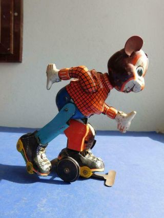Japanese Tin Toy Wind Up Roller Skating Mouse 1950s Tps Japan Toplay Co.  Ltd