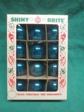 Vtg Box Of 12 Shiny Brite Glass Christmas Tree Blue Ball Ornaments