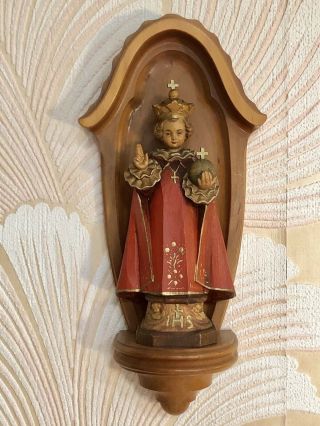 Anri Vintage Infant Jesus Of Prague Carved Wood Statue Wall Chapel Shrine 10”