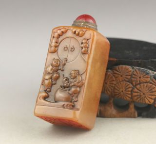 Old Chinese Natural Jade Hand - Carved Double Buddha Seal Snuff Bottle