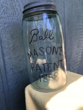 Authentic 1892 - 96 Ball”script”masons Patent 1858 Jar - Hand Blown