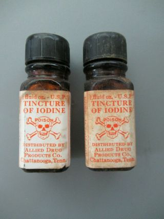 Vintage Antique Tincture Of Iodine Brown Glass Bottles Skull Poison Chattanooga