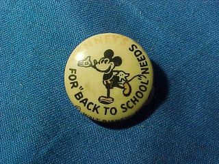 Orig 1930s Mickey Mouse Advertising Pinback For Back To School At J.  C.  Pennys