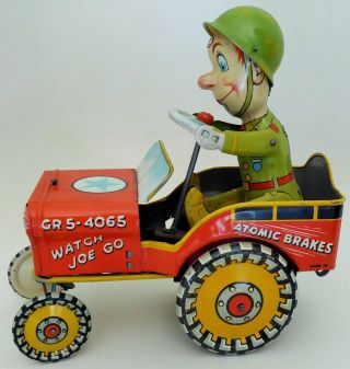 Vintage Unique Arts Gi - Joe Jouncing Car Tin Lithographed Mechanical Toy 7.  5 "