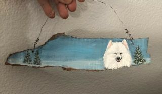 Bark Wood Painted Snow Scene Customizable Samoyed Ornament Sign Lisa Rogers