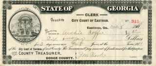 1911 Eastman Ga Dodge Co Treasurer Check To Archie Coffee Jury Duty J M Clark