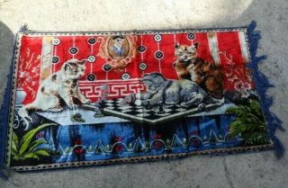 Vintage Kittens / Cats Playing Chess Velvet Tapestry / Wall Hanging Red Blue
