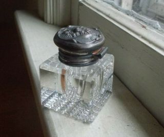 1880s Cut Glass Cube Inkwell &original Sterling Silver Lid With Emb Flowers