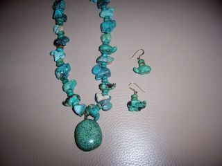 Vintage Carved Turquoise Animal Fetish 30 " Necklace & Earrings