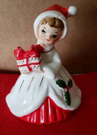 Vintage Josef Originals Girl With Gift Bell Christmas Decor Black Eyes