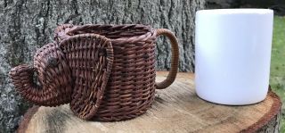 Vintage Wicker Rattan Elephant Coffee Cup Holder Handle With Mug Planter 3