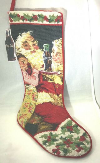 Nwt Coca Cola Christmas Needlepoint Stocking Santa With Children & Coke 1997