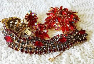 Juliana D&e Gp Siam Red & Ab Brooch/pendant Earrings & 5 Row Chain Link Bracelet