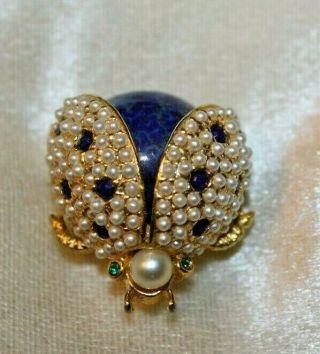 Hattie Carnegie Lapis Lazuli Seed Pearl Rhinestone Lady Bug Insect Brooch Pin