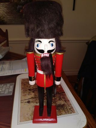 Vintage 15 Inch Wood Toy Soldier British Nutcracker Uniform Fur Beard & Hair.