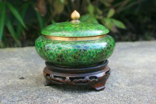 Chinese Bronze Cloisonne Enamel Green Bowl Pot With Hand Carved Wooden Stand