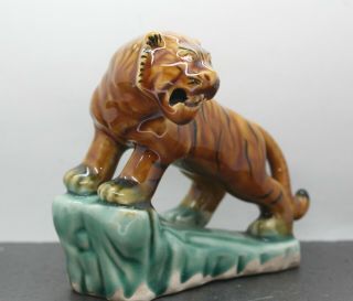 One Of A Kind Vintage Chinese Hand Painted Crackle Glaze Porcelain Tiger Statue