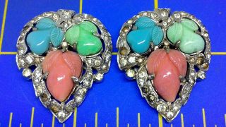 Signed Ktf Trifar Alfred Philippe Pave Coral Jade Fruit Salad Pair Dress Clips