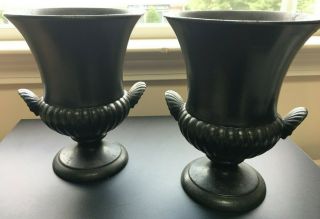 Wedgwood Vintage Ravenstone Matte Black Urn/vase With Shell Handles - Set Of Two