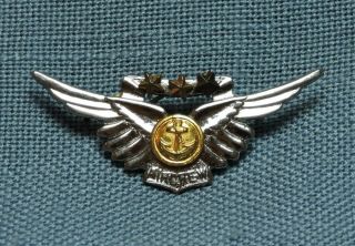 Wwii Navy Combat Air Crew Wings Badge With 3 Combat Stars,  Sterling