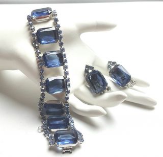 Bracelet Earrings Clip On Montana Blue Emerald Cut Glass Silver Tone Bling Vtg