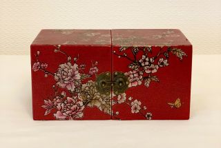 Vintage Japanese Wooden Jewellery Trinket Box Chinese Leatherette Box 3.  5 " Tall