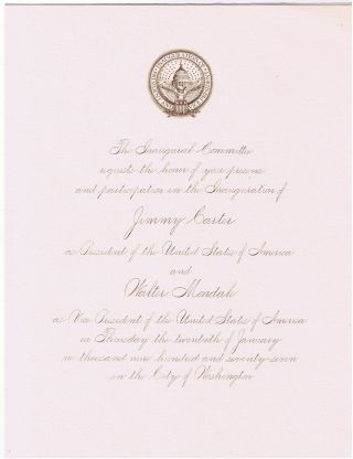 1977 President Jimmy Carter Official Inaugural Invitation 8.  75 X 10.  75