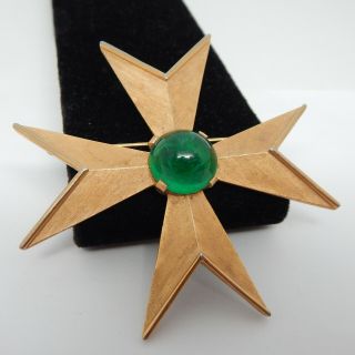 Crown Trifari C Emerald Green Gripiox Glass Maltese Roman Cross Oversized Brooch