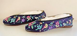 Antique Chinese Embroidered Silk Shoes Slippers Dark Blue With Flowers & Birds