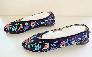 Antique Chinese Embroidered Silk Shoes Slippers Dark Blue with Flowers & Birds 2