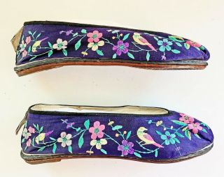 Antique Chinese Embroidered Silk Shoes Slippers Dark Blue with Flowers & Birds 3