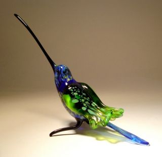 Blown Glass Figurine " Murano " Art Bird Blue & Green Hummingbird With Long Beak
