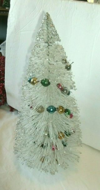 Vintage White Bottle Brush Christmas Tree,  Silver Glitter,  Mercury Glass,  14 "